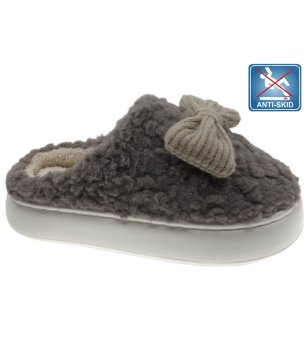 Дамски сиви домашни чехли с декоративна панделка снимка