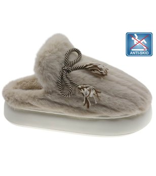 Дамски бежови чехли с декоративна панделка снимка