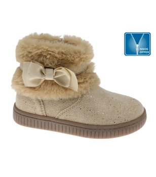 Детски бежови боти с пухен кант, декоративна панделка и цип снимка
