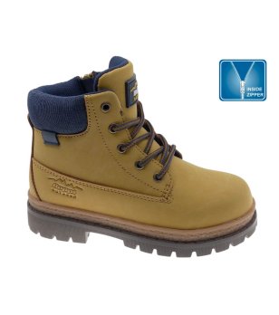 Детски боти в цвят камел и тъмносиньо с връзки и страничен цип снимка