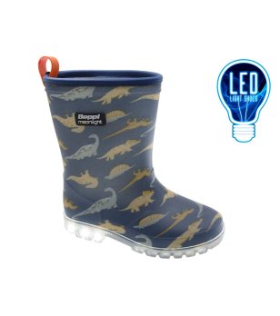 Детски тъмносини гумени ботуши с принт на динозавър и подметка с LED светлини снимка