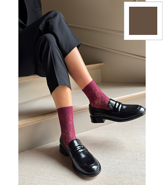 Дамски чорапи в цвят шоколад ROSA STILE с флорален мотив снимка