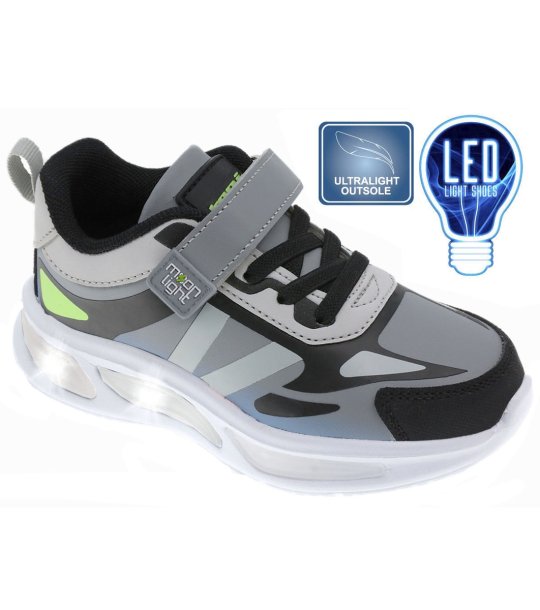 Сиви детски маратонки с LED светлини, велкро и еластични връзки снимка