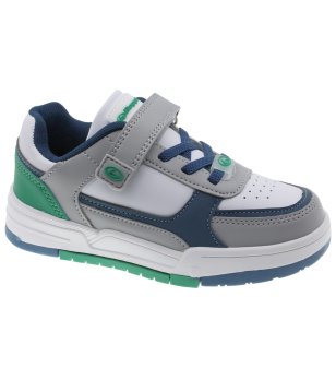 Бели сникърси с контрастни ленти в сиво, зелено и тъмносиньо снимка