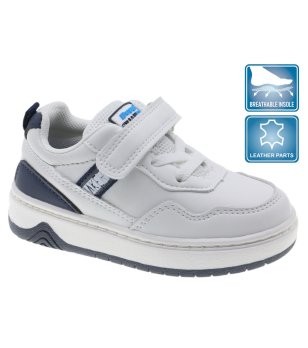 Бели детски сникърси с велкро и тъмносини мотиви снимка