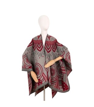 Пончо в сиво, тъмночервено и светлосиво с пейсли мотив снимка