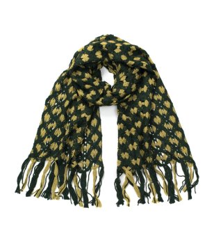 Шал с геометричен мотив в зелено и горчица с дълги ресни снимка