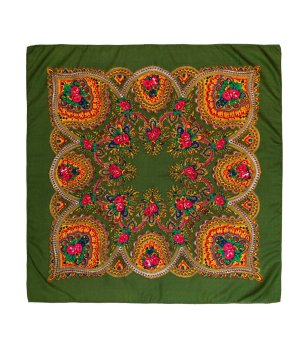Зелен квадратен шал AZARIA с фолклорни мотиви снимка