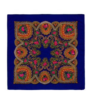 Кралскосин квадратен шал AZARIA с фолклорни мотиви снимка
