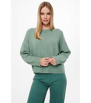 Дамски зелен пуловер с камъчета с вълна снимка