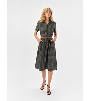 Черна рокля с геометричен принт и джобове снимка