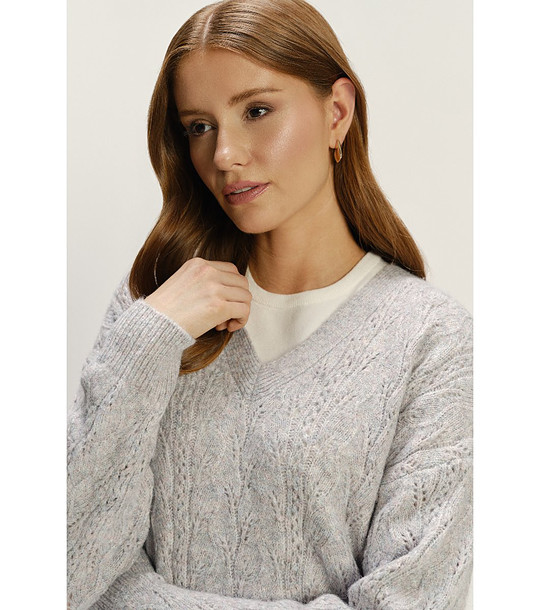 Дамски пуловер в светлосив меланж с V-образно деколте снимка
