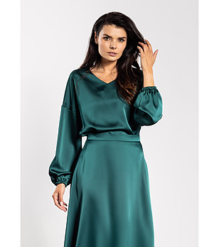 Зелена сатенирана блуза с V-образно деколте Vika снимка