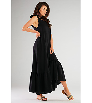 Черна макси памучна рокля без ръкави с волани Maya снимка