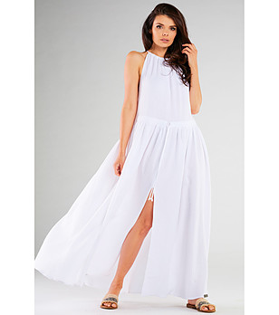 Бяла памучна рокля с висока талия и цепки Inna снимка