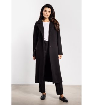 Дамско черно палто с колан  снимка