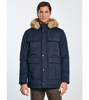 Мъжко яке в тъмносиньо с качулка и пухена яка KINGSLEY снимка