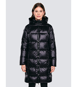 Черно дамско дълго яке с пухена качулка MELISSA снимка