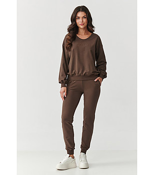 Дамски спортен памучен комплект от две части в цвят шоколад снимка