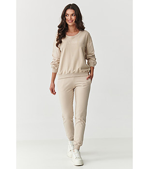 Дамски спортен памучен комплект от две части в светлобежово  снимка