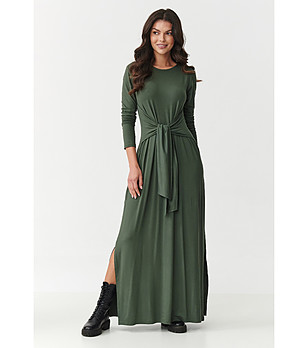 Дълга рокля в цвят каки с връзка на талията снимка