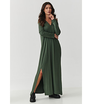 Дълга рокля в цвят каки с цепки снимка