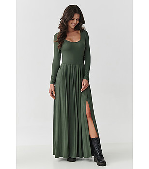 Дълга рокля с цепка в цвят каки  снимка