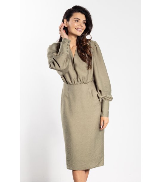 Маслиненозелена рокля миди с буфан ръкави A735 снимка