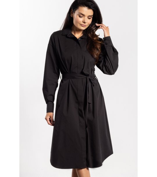 ЧЕРНА риза рокля миди с колан A736 снимка