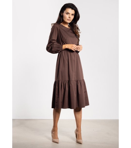 Кафява рокля миди с дълъг ръкав и волан A737 снимка