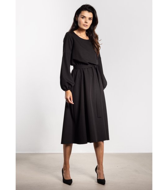 Черна рокля миди с колан A742 снимка