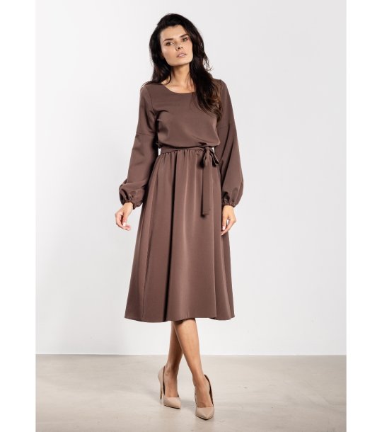 Кафява рокля миди с колан A742 снимка