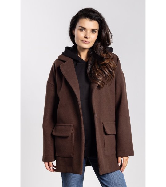 Кафяво дамско oversize палто с джобове  снимка