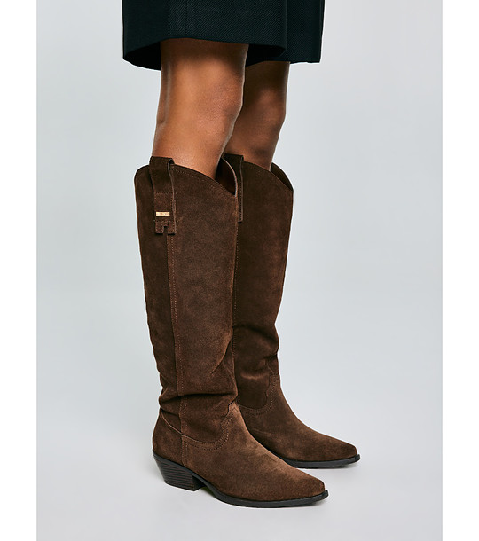 Кафяви дамски велурени ботуши  снимка