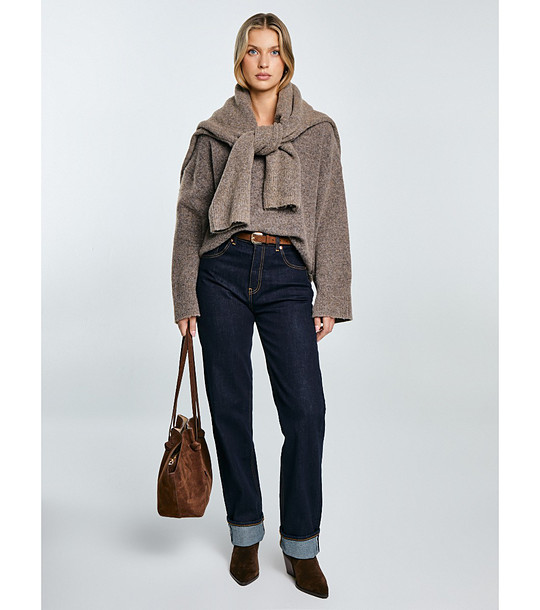 Дамски кафяв пуловер с V-образно деколте  снимка