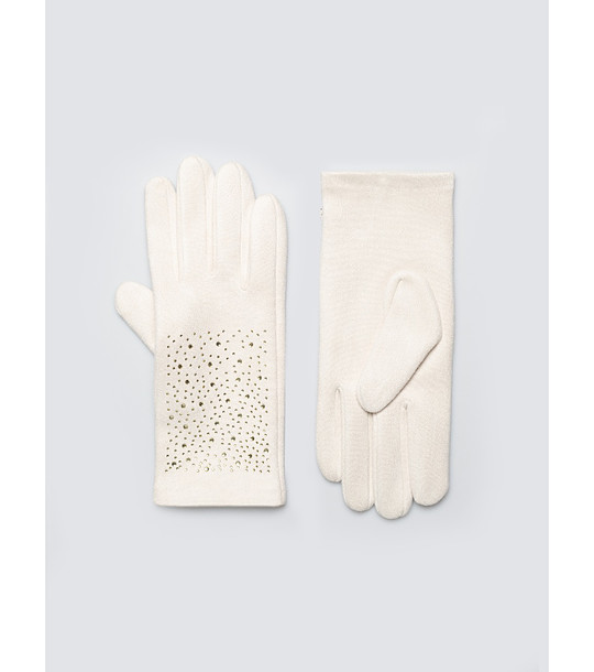 Дамски ръкавици в екрю с декоративни камъчета снимка