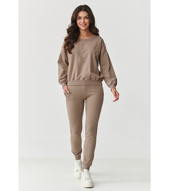 Дамски спортен памучен комплект от две части в цвят мока снимка