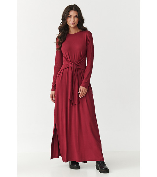 Дълга рокля в бордо с връзка на талията снимка