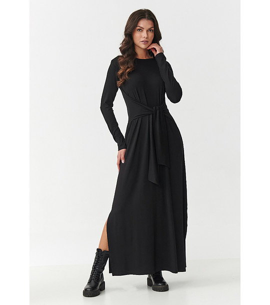 Дълга рокля в черно с връзка на талията снимка