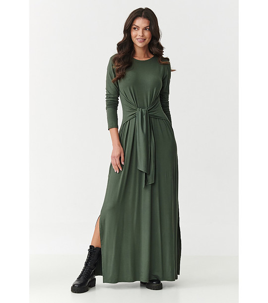 Дълга рокля в цвят каки с връзка на талията снимка