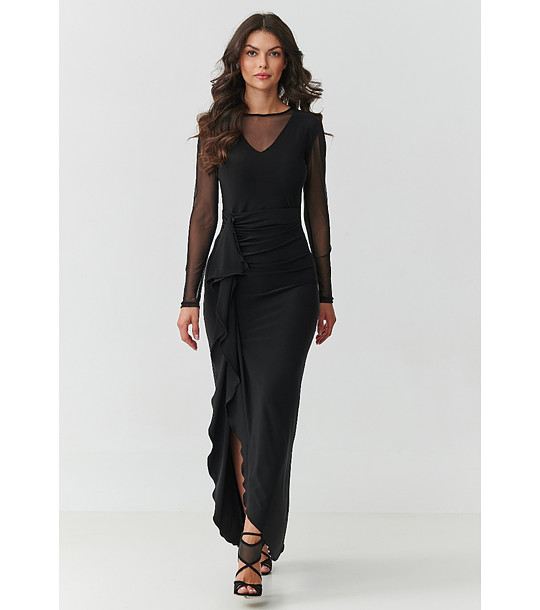 Дамска черна рокля с тюл и волани снимка