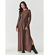 Дълга рокля в кафяво с връзка на талията-0 снимка