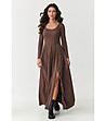 Дълга кафява рокля с цепка -1 снимка