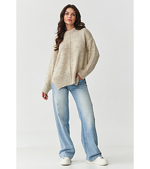 Дамски пуловер в бежов меланж снимка