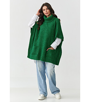 Дамско зелено пончо-пуловер с поло яка снимка