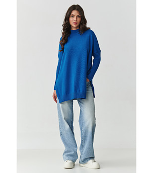 Дамски син оувърсайз пуловер  снимка