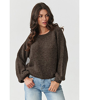 Дамски кафяв пуловер с вълна и мохер снимка