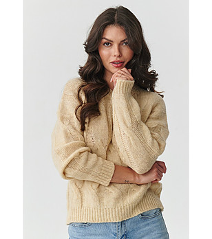 Дамски бежов пуловер с големи плетеници  снимка