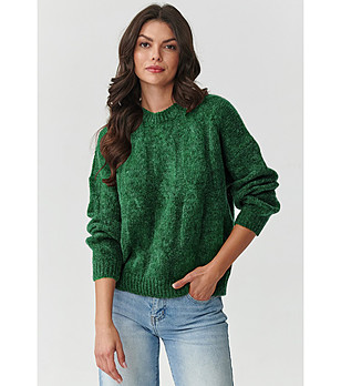 Дамски пуловер в зелено бутилка с големи плетеници снимка