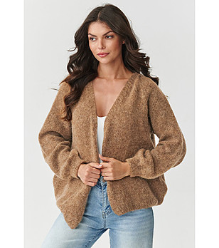 Дамска жилетка в цвят охра с обемни ръкави снимка